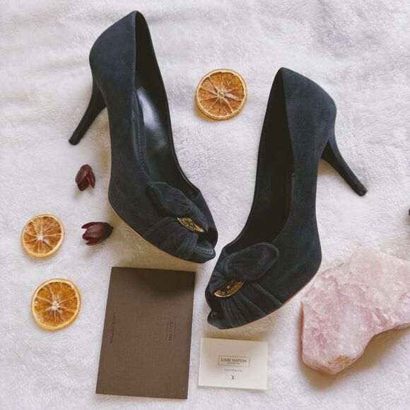 Louis Vuitton Shoes - Louis Vuitton Shoes Navy Blue Suede Catania Peep Toe Platform Pumps Gold Sz 37